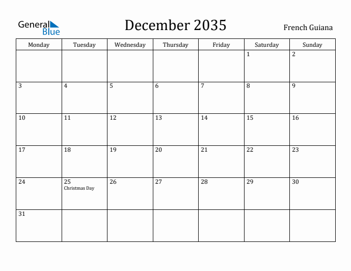 December 2035 Calendar French Guiana