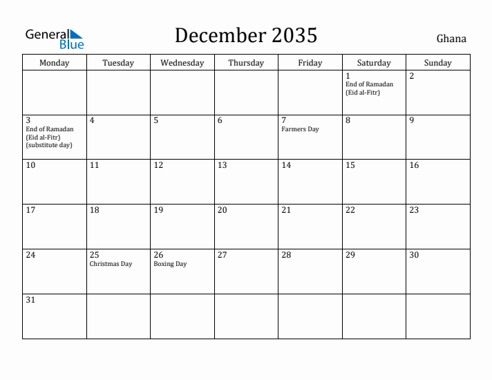 December 2035 Calendar Ghana