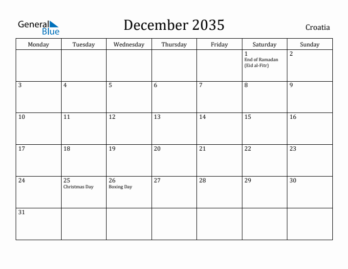 December 2035 Calendar Croatia