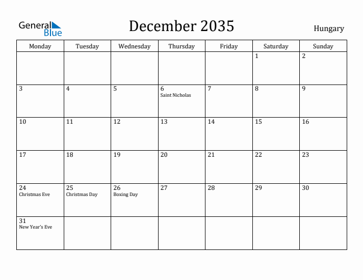 December 2035 Calendar Hungary