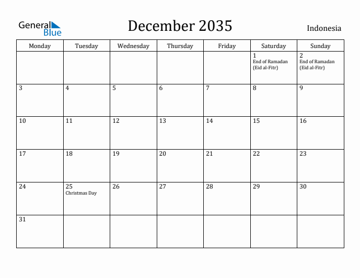 December 2035 Calendar Indonesia