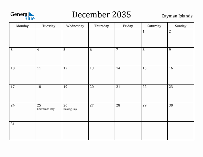 December 2035 Calendar Cayman Islands