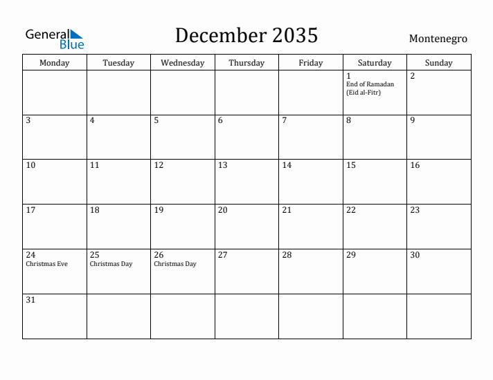 December 2035 Calendar Montenegro