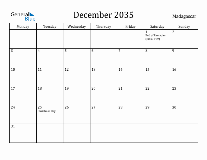 December 2035 Calendar Madagascar