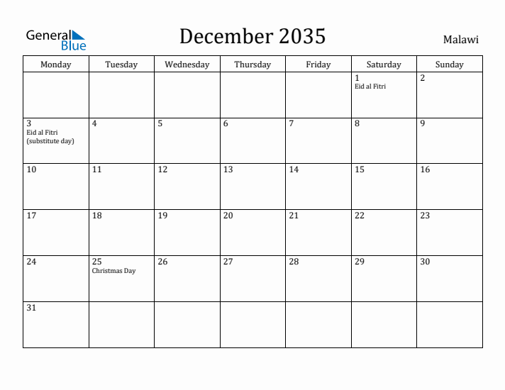 December 2035 Calendar Malawi