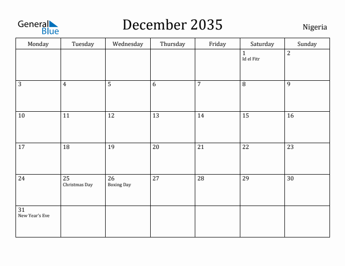 December 2035 Calendar Nigeria