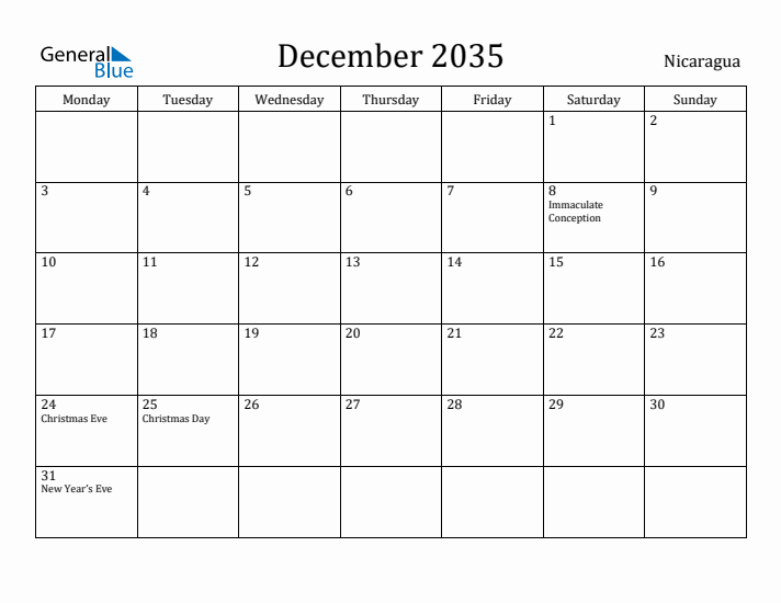 December 2035 Calendar Nicaragua