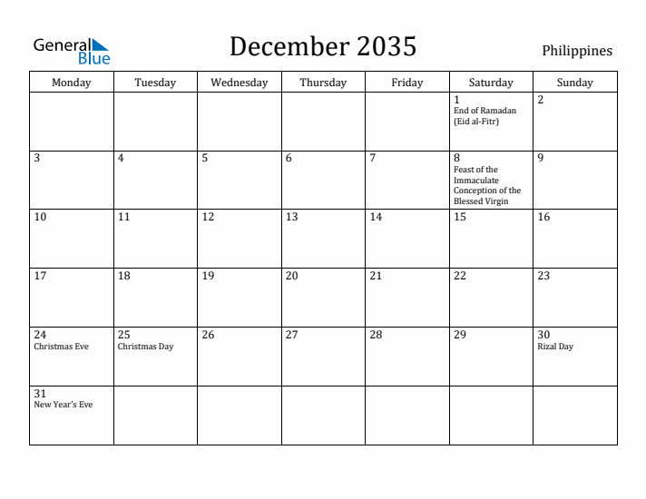 December 2035 Calendar Philippines