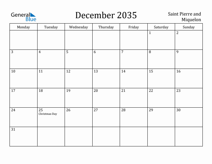 December 2035 Calendar Saint Pierre and Miquelon