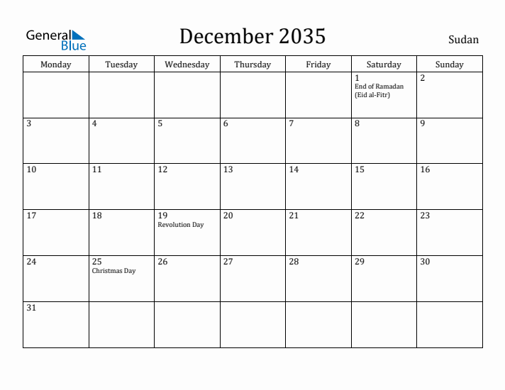 December 2035 Calendar Sudan