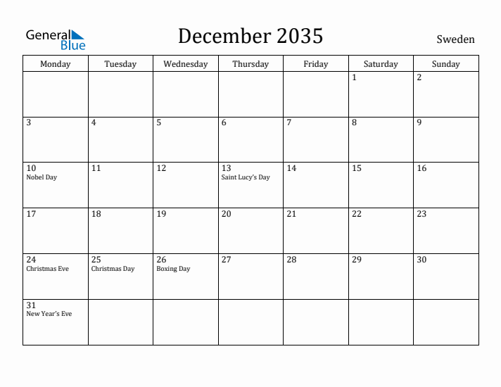 December 2035 Calendar Sweden