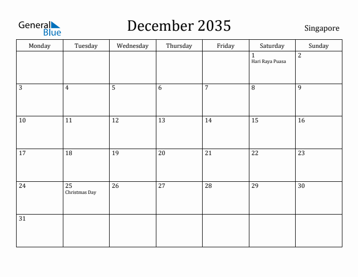 December 2035 Calendar Singapore