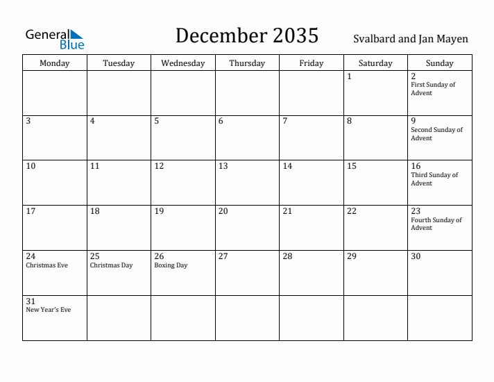December 2035 Calendar Svalbard and Jan Mayen