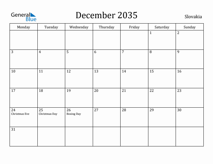 December 2035 Calendar Slovakia