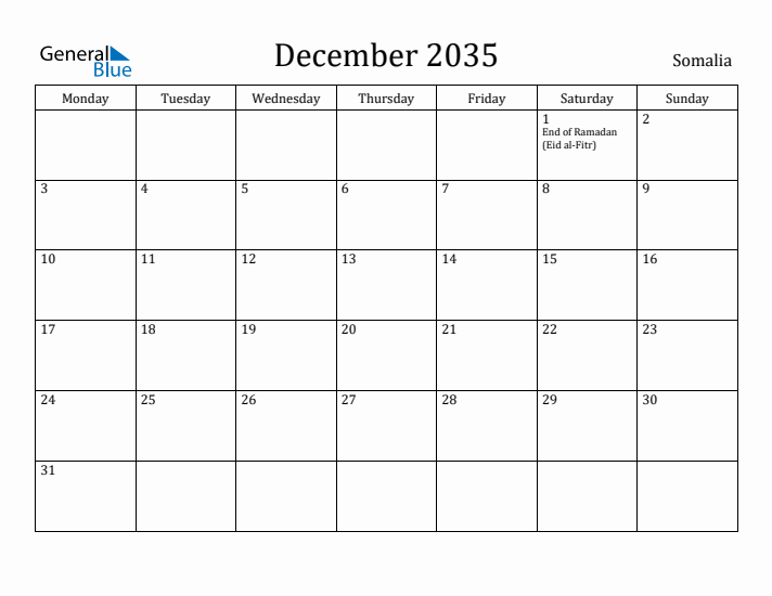 December 2035 Calendar Somalia