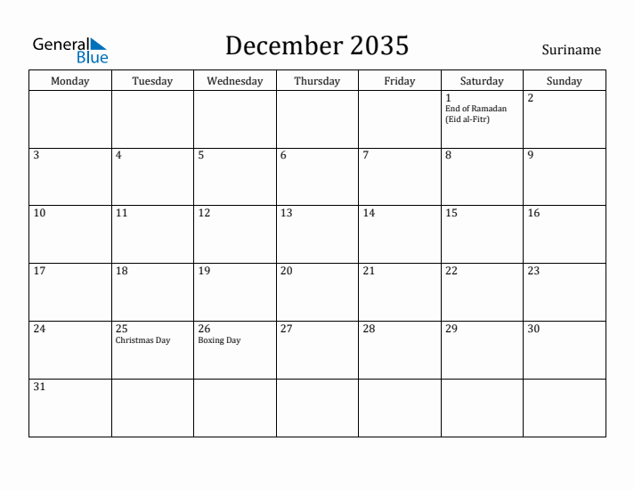 December 2035 Calendar Suriname