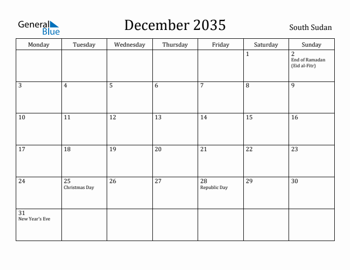 December 2035 Calendar South Sudan