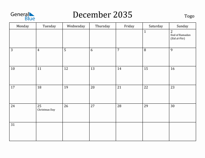 December 2035 Calendar Togo