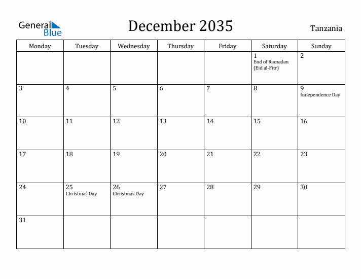 December 2035 Calendar Tanzania