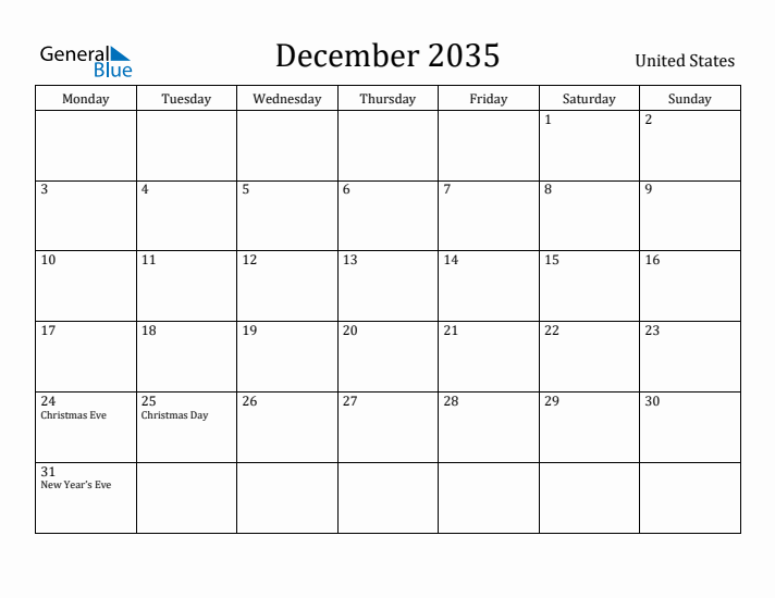 December 2035 Calendar United States