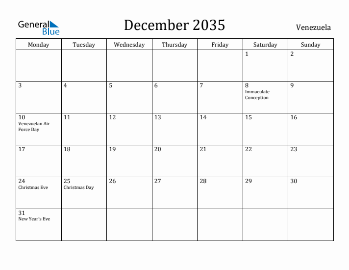 December 2035 Calendar Venezuela