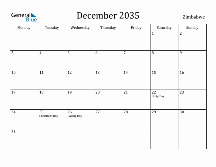 December 2035 Calendar Zimbabwe
