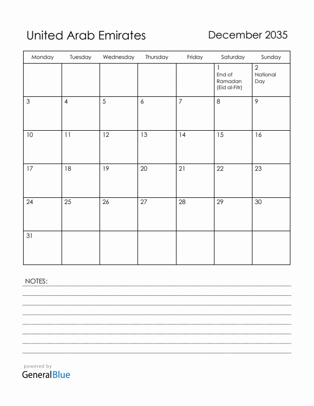 December 2035 United Arab Emirates Calendar with Holidays (Monday Start)