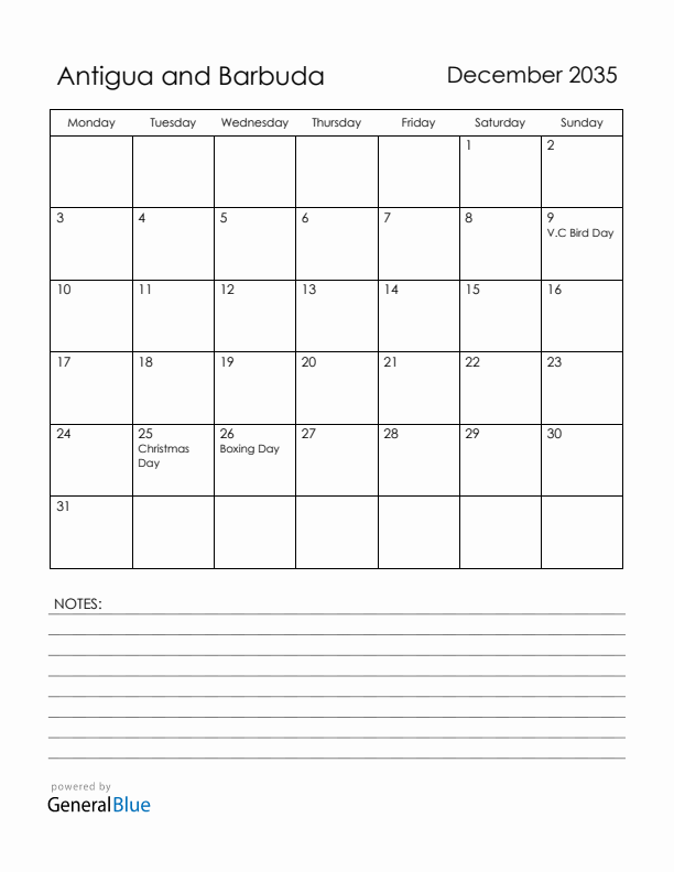 December 2035 Antigua and Barbuda Calendar with Holidays (Monday Start)