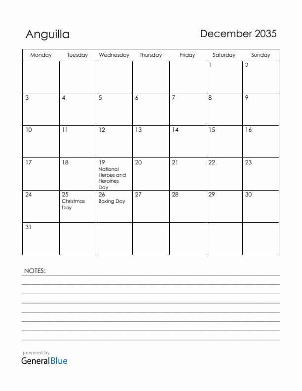 December 2035 Anguilla Calendar with Holidays (Monday Start)