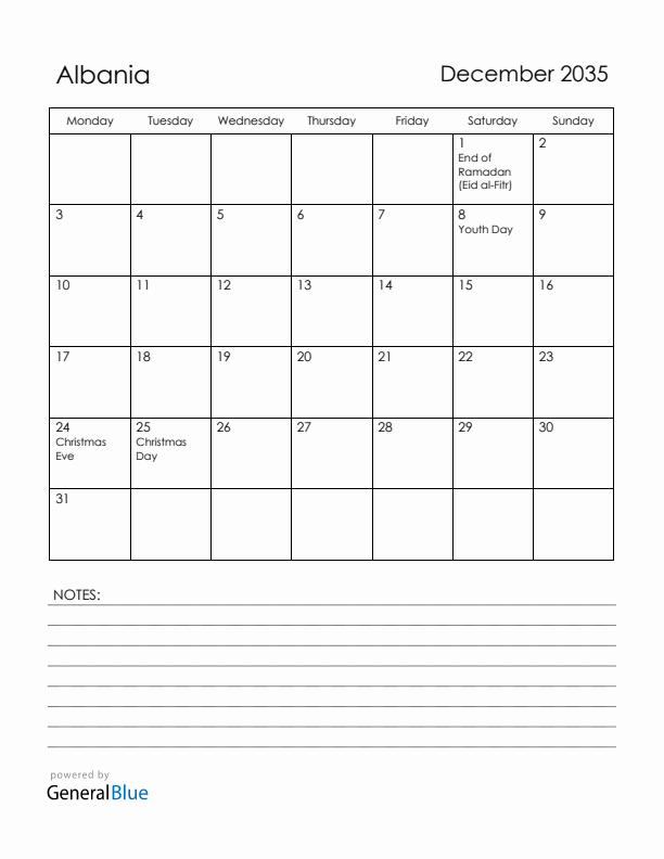 December 2035 Albania Calendar with Holidays (Monday Start)