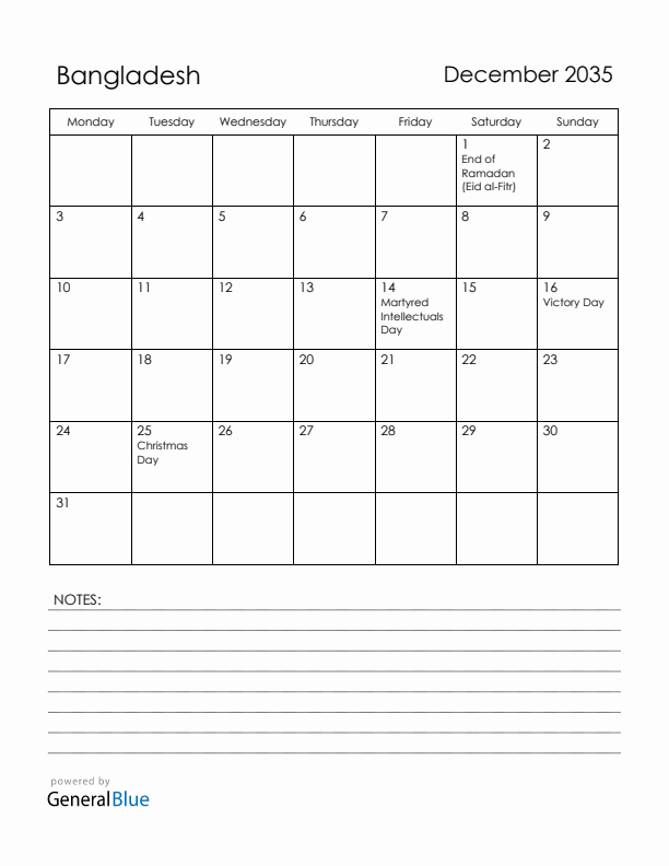 December 2035 Bangladesh Calendar with Holidays (Monday Start)