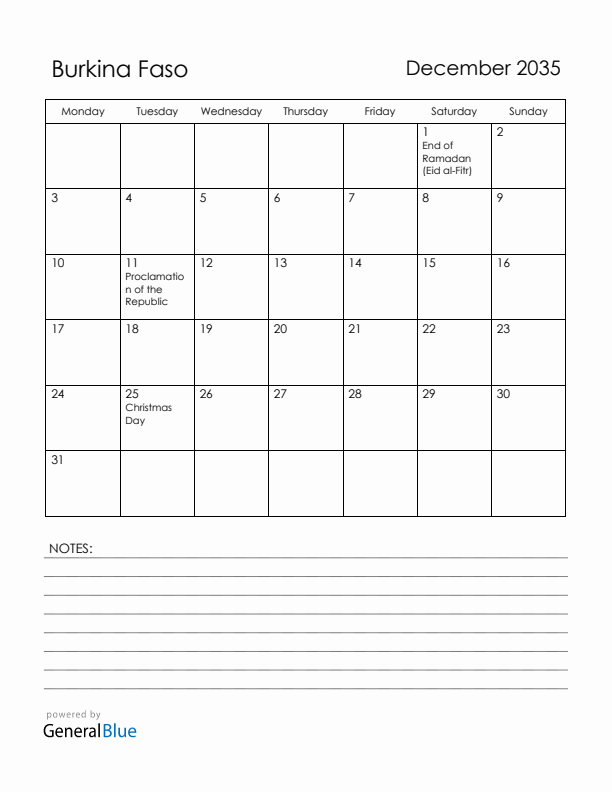 December 2035 Burkina Faso Calendar with Holidays (Monday Start)