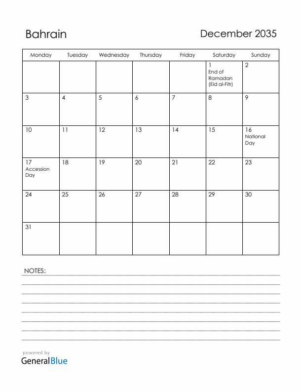 December 2035 Bahrain Calendar with Holidays (Monday Start)
