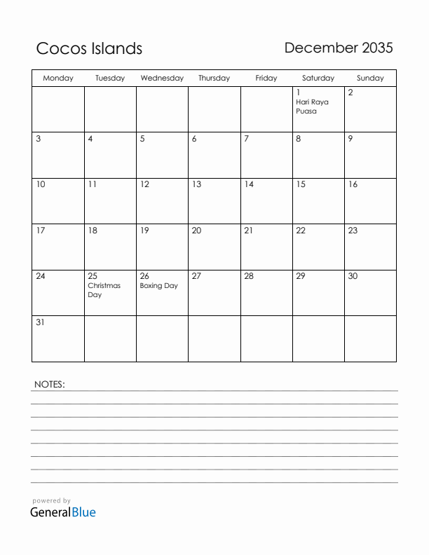 December 2035 Cocos Islands Calendar with Holidays (Monday Start)