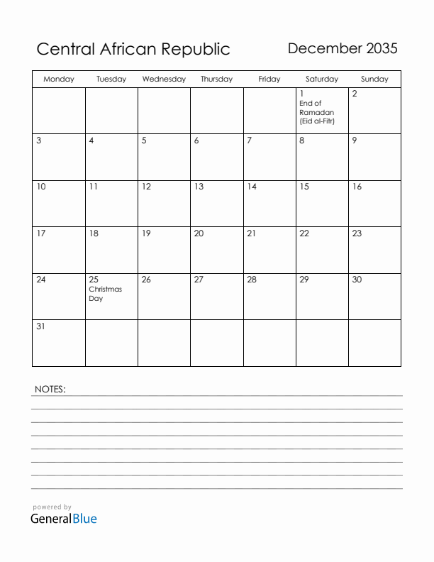 December 2035 Central African Republic Calendar with Holidays (Monday Start)