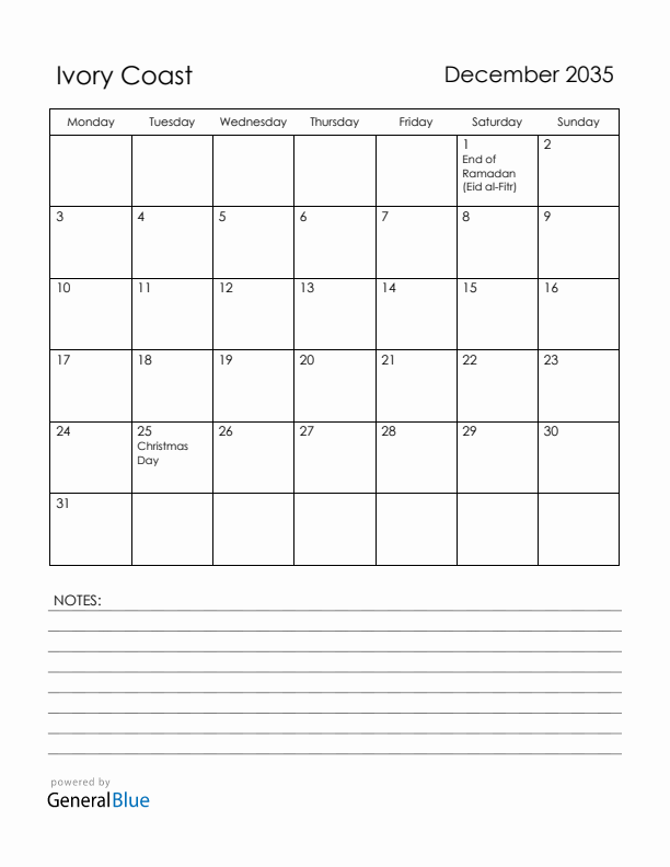 December 2035 Ivory Coast Calendar with Holidays (Monday Start)