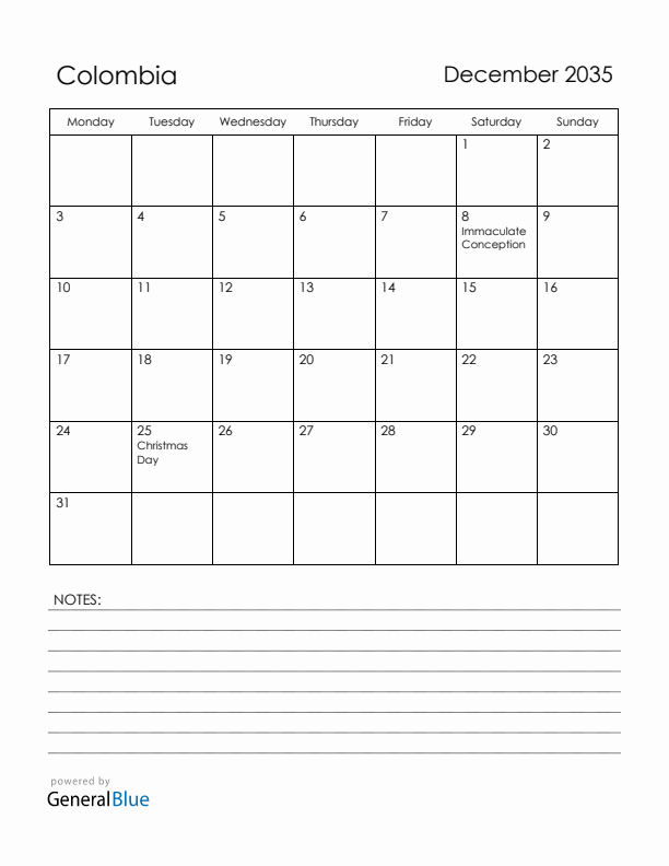 December 2035 Colombia Calendar with Holidays (Monday Start)