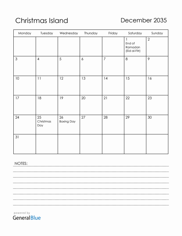 December 2035 Christmas Island Calendar with Holidays (Monday Start)