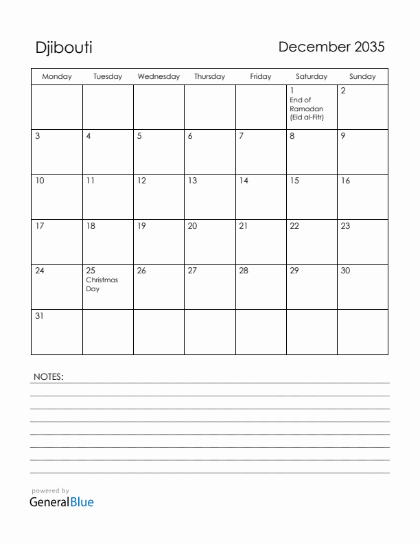 December 2035 Djibouti Calendar with Holidays (Monday Start)