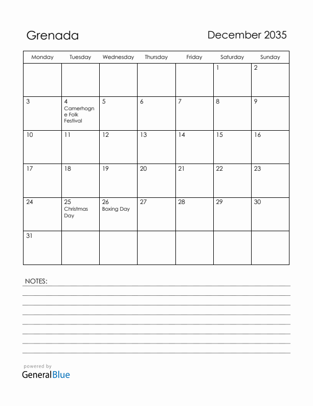 December 2035 Grenada Calendar with Holidays (Monday Start)