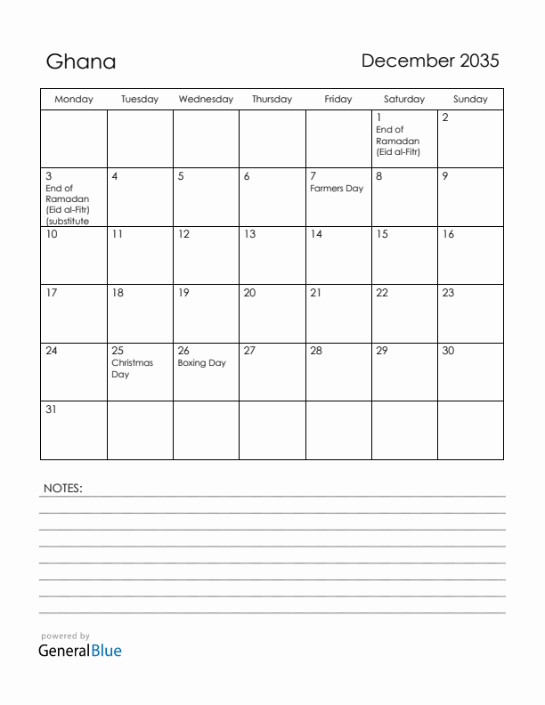 December 2035 Ghana Calendar with Holidays (Monday Start)