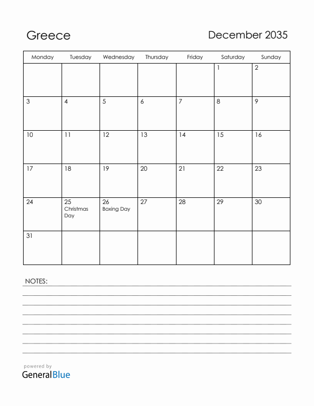 December 2035 Greece Calendar with Holidays (Monday Start)