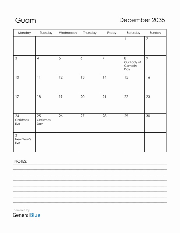 December 2035 Guam Calendar with Holidays (Monday Start)