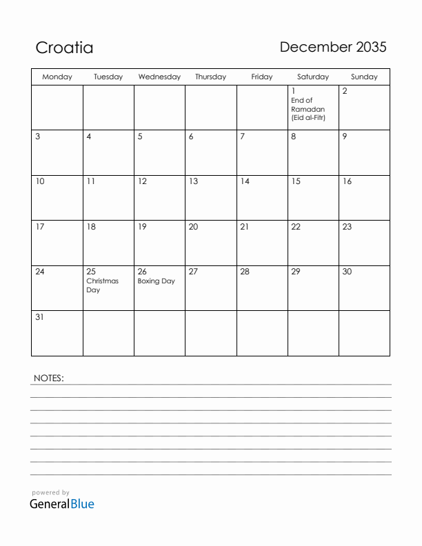 December 2035 Croatia Calendar with Holidays (Monday Start)
