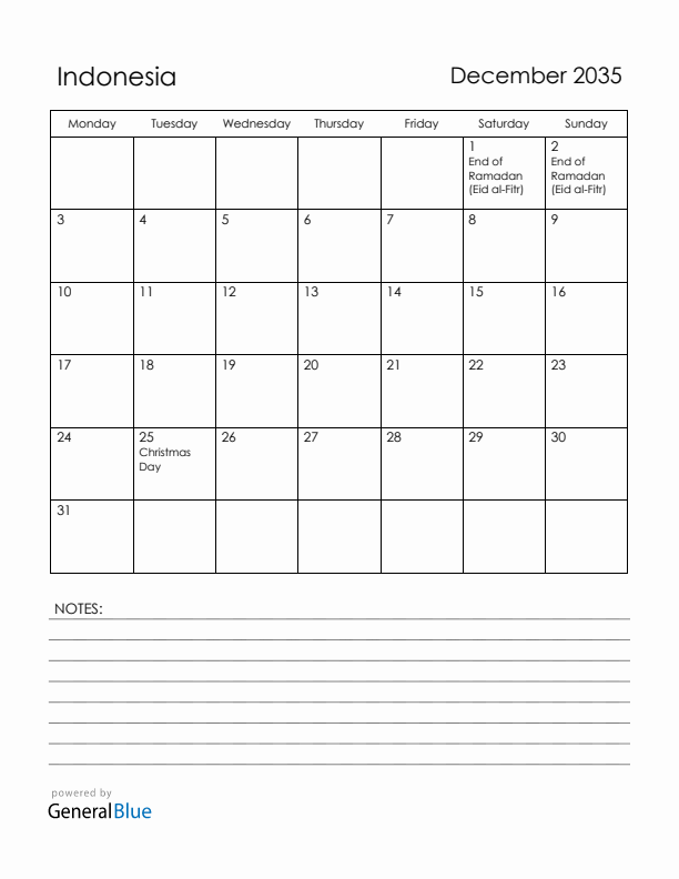 December 2035 Indonesia Calendar with Holidays (Monday Start)