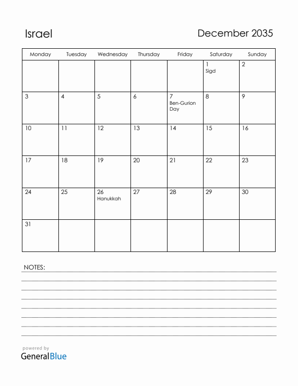 December 2035 Israel Calendar with Holidays (Monday Start)