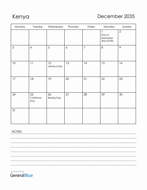 December 2035 Kenya Calendar with Holidays (Monday Start)