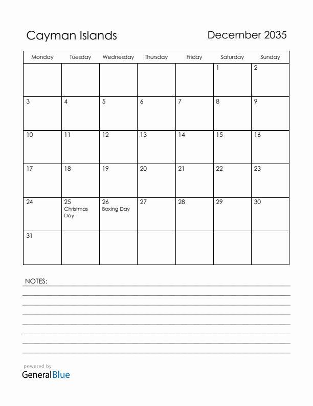 December 2035 Cayman Islands Calendar with Holidays (Monday Start)