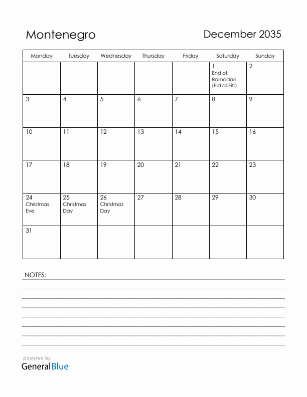 December 2035 Montenegro Calendar with Holidays (Monday Start)