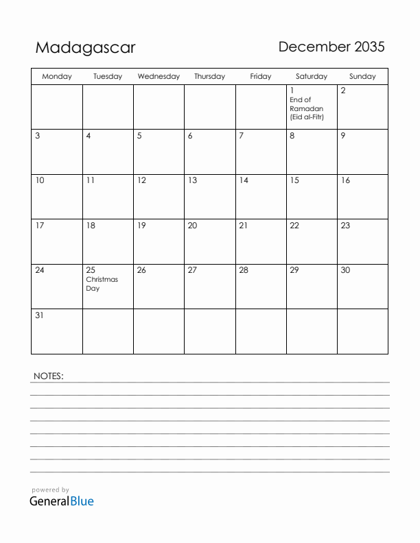 December 2035 Madagascar Calendar with Holidays (Monday Start)
